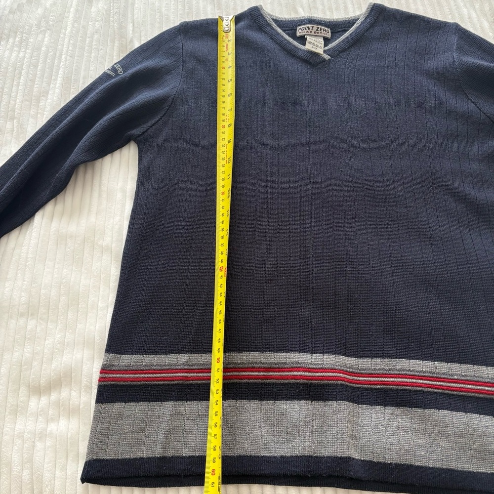 Vintage Point Zero Nicole Benisti Navy Ribbed V-Neck Sweater Striped Hem Y2K - Picture 6 of 6